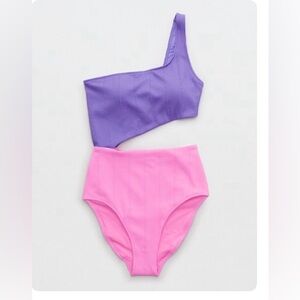 Aerie Two Tone Crinkle Cut Out One Piece Swimsuit